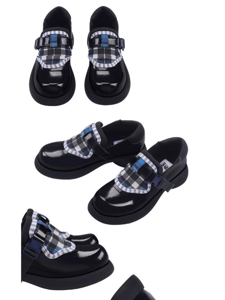 Plaid Velcro Leather Platform Loafers【s0000002687】