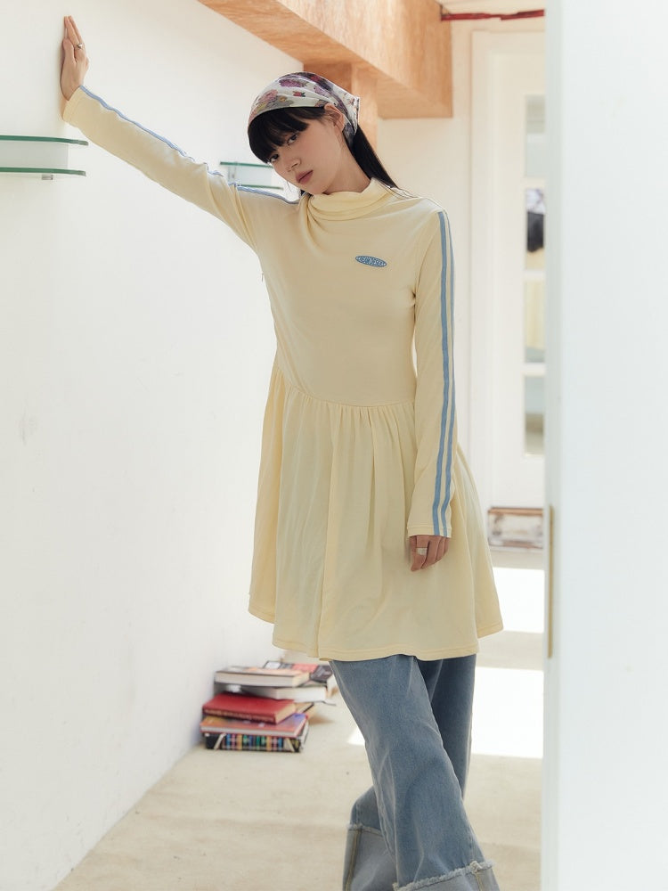 High Neck Stretch Knit Sports Mix Line Sleeve Dress【s0000003575】