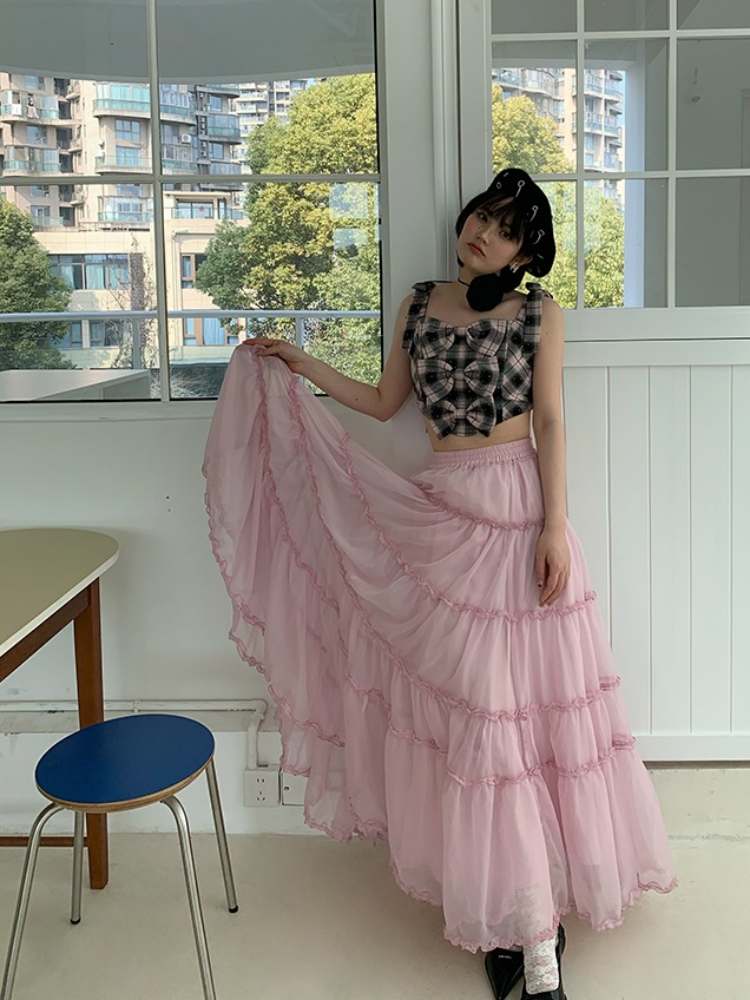 Cherry Blossoms Splice Mesh Volume Tiered Skirt【s0000007374】