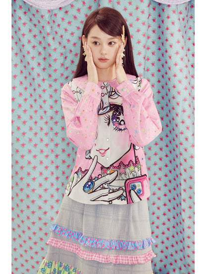 Shimizu Illustration Big Eyes Cute Girl Star Pattern Shirt【s0000003662】