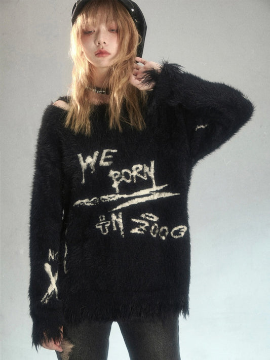 Punk Graffiti Jacquard Mink Lazy Pullover Sweater Black [s0000003881]