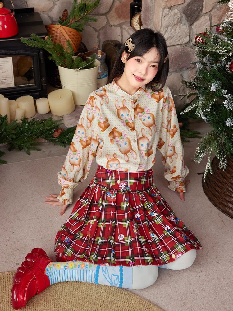 Red plaid Christmas pleated skirt【s0000005347】