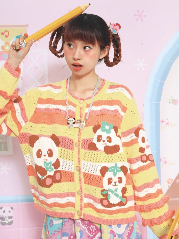 Panda print striped knit cardigan【s0000005368】