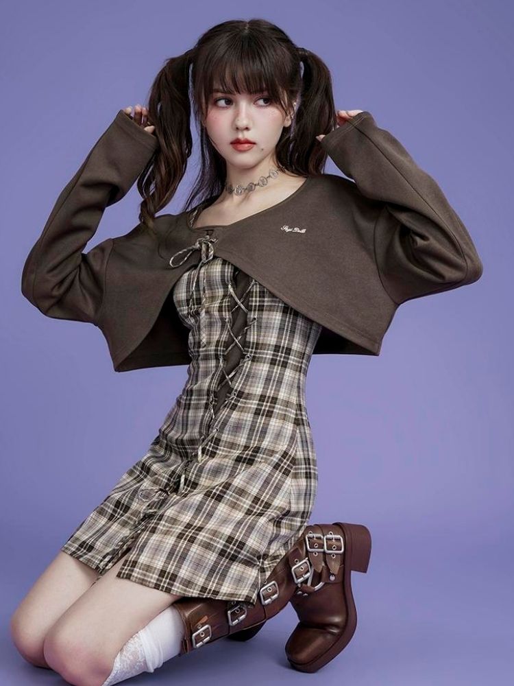 Brown lattice camisole cardigan two-piece set [s0000004428]