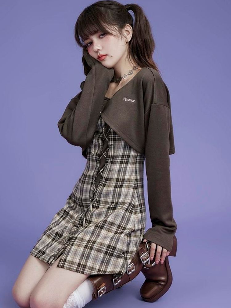 Brown lattice camisole cardigan two-piece set [s0000004428]