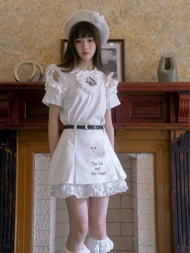 Cat print lace pleated short skirt【s0000002895】