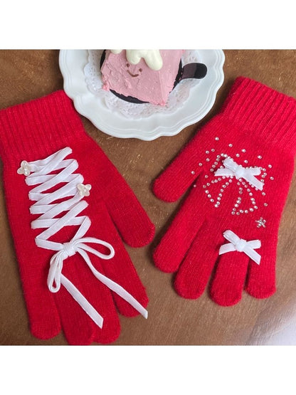 Cute warm plush bow rhinestone rabbit hair gloves【s0000004514】