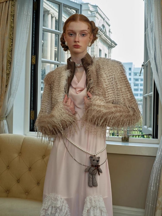 Ribbed Patchwork Short Brown Feather Fur Coat【s0000005417】