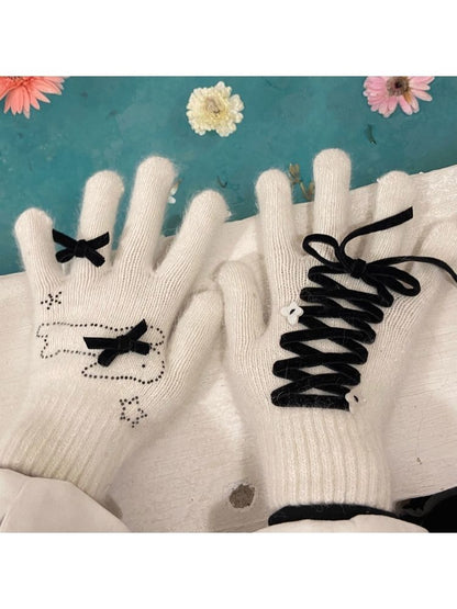 Cute warm plush bow rhinestone rabbit hair gloves【s0000004514】