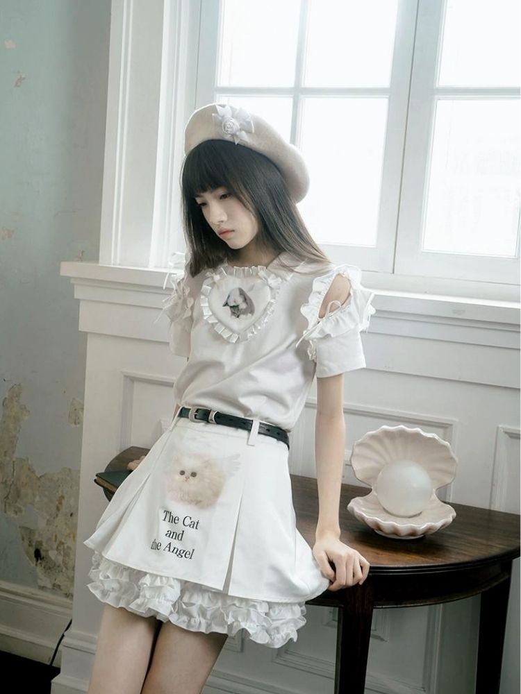 Cat print lace pleated short skirt【s0000002895】