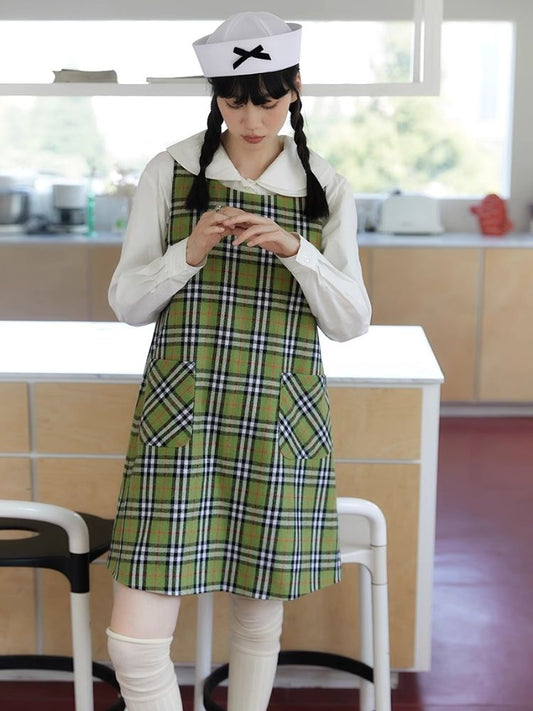 Green Check Vest Tweed Dress【s0000004624】