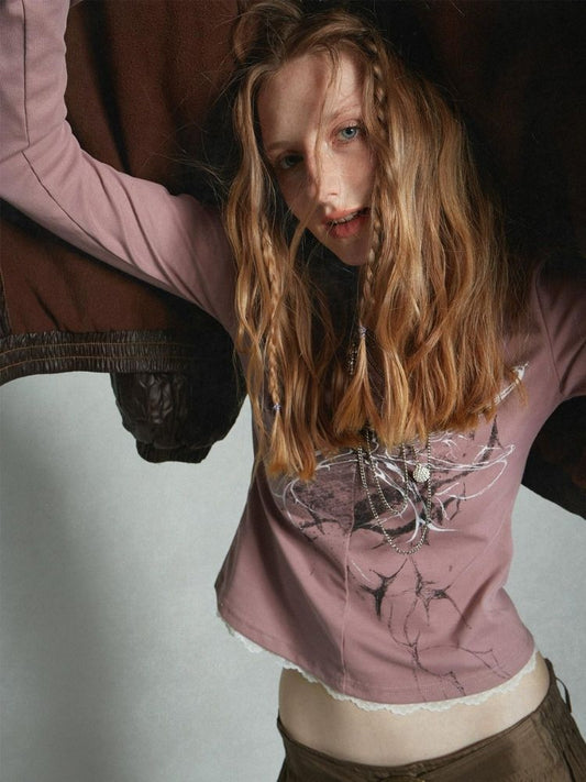 Hot Girl Print V-Neck Slim Bottom T-Shirt [s0000003408]