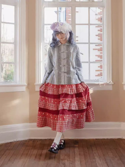 Red embroidery patchwork plaid hem half skirt【s0000007941】