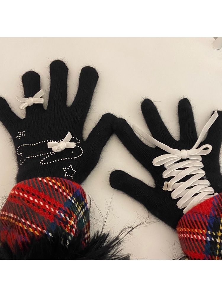 Cute warm plush bow rhinestone rabbit hair gloves【s0000004514】