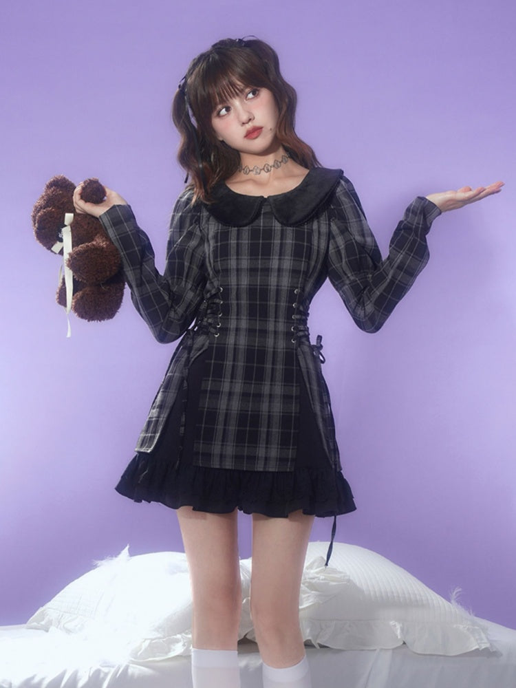 Doll Collar Plaid Side Lace-Up Dress【s0000003843】