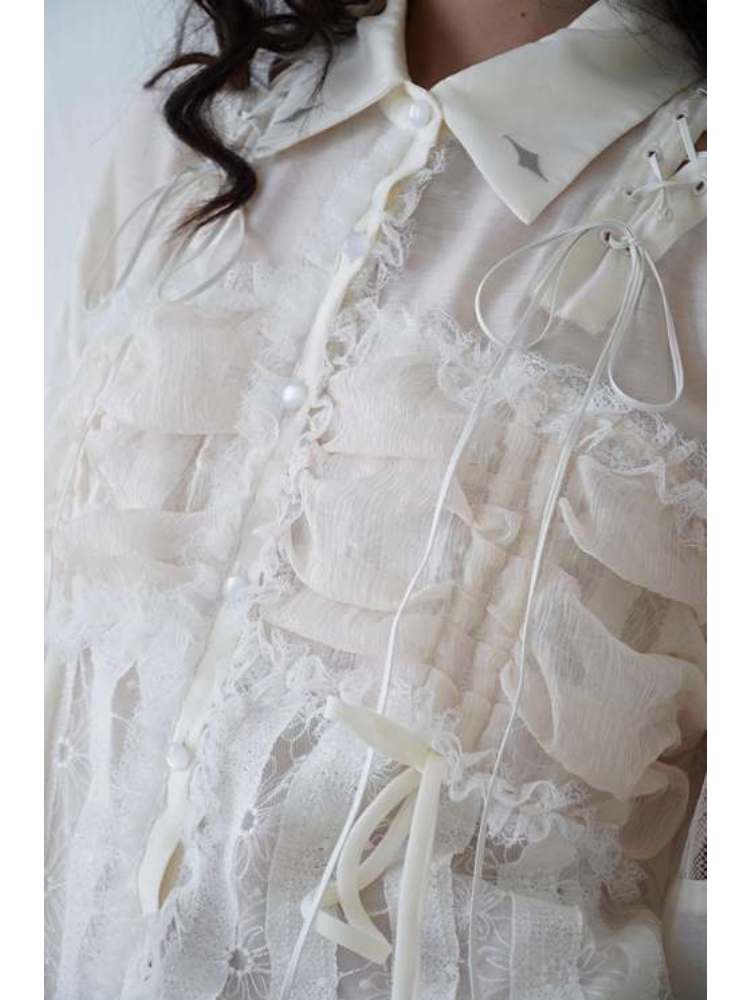 Lace-Up Crosses Embroidery Chiffon Lace Trim Shirt [s0000008151]