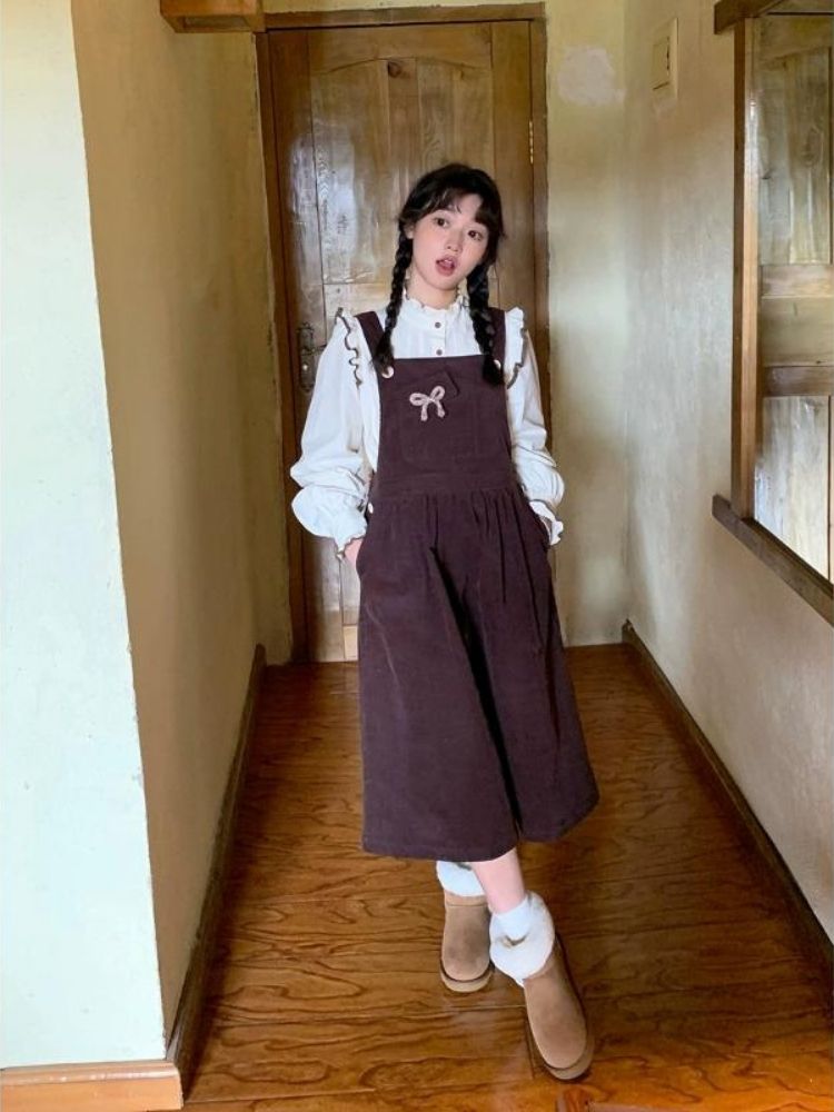 Corduroy Bow Pocket Sleeveless Vest Dress【s0000005887】