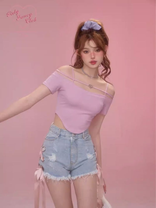 One-shoulder short-sleeved t-shirt【s0000006599】