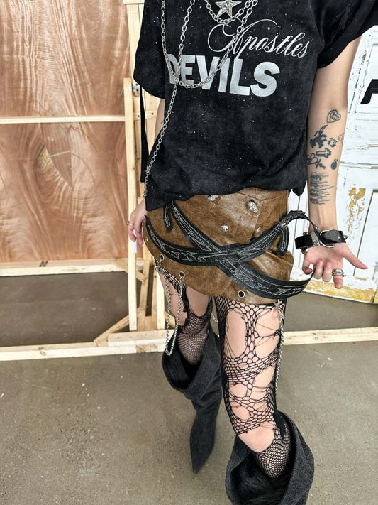 Double Knife PU Leather Chain Girdle Mini Skirt【s0000008301】