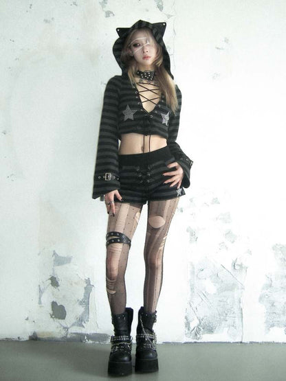 Cat Ears Border Lace Up Hoodie &amp; Short Pants【s0000007895】