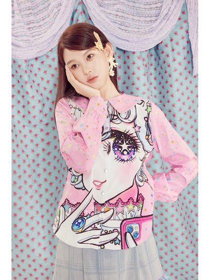 Shimizu Illustration Big Eyes Cute Girl Star Pattern Shirt【s0000003662】