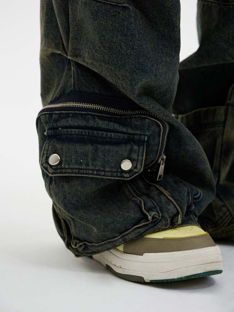Multi Pocket Wide Leg Washed Denim Jeans【s0000006749】