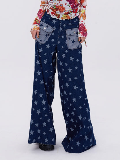 Retro Cute Y2K Star Pattern Wide Leg Loose Mop Jeans Pants [s0000003179]