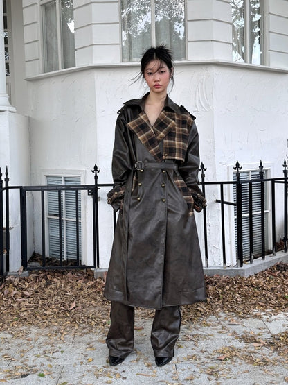 Plaid Splicing PU Leather Double Breasted Long Jacket【s0000004160】