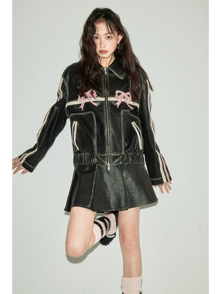 Bowknot Retro Color Painted Leather Jacket【s0000003185