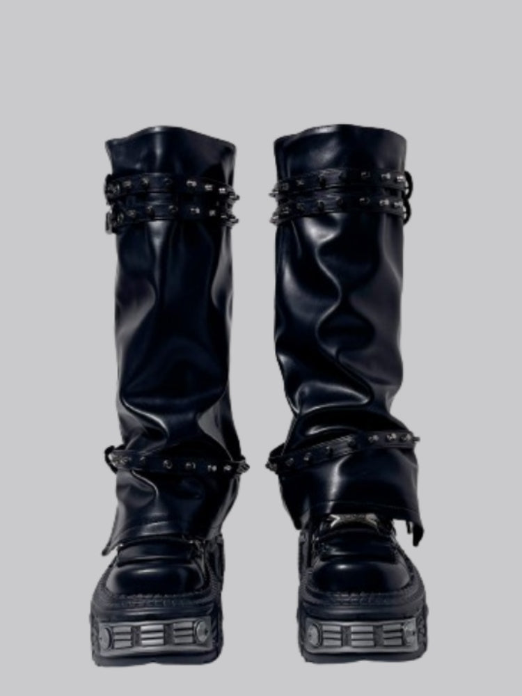 Y2K Retro Punk Style Eyelet Triple Belt Volume Sole Long Tube Boots【s0000005191】