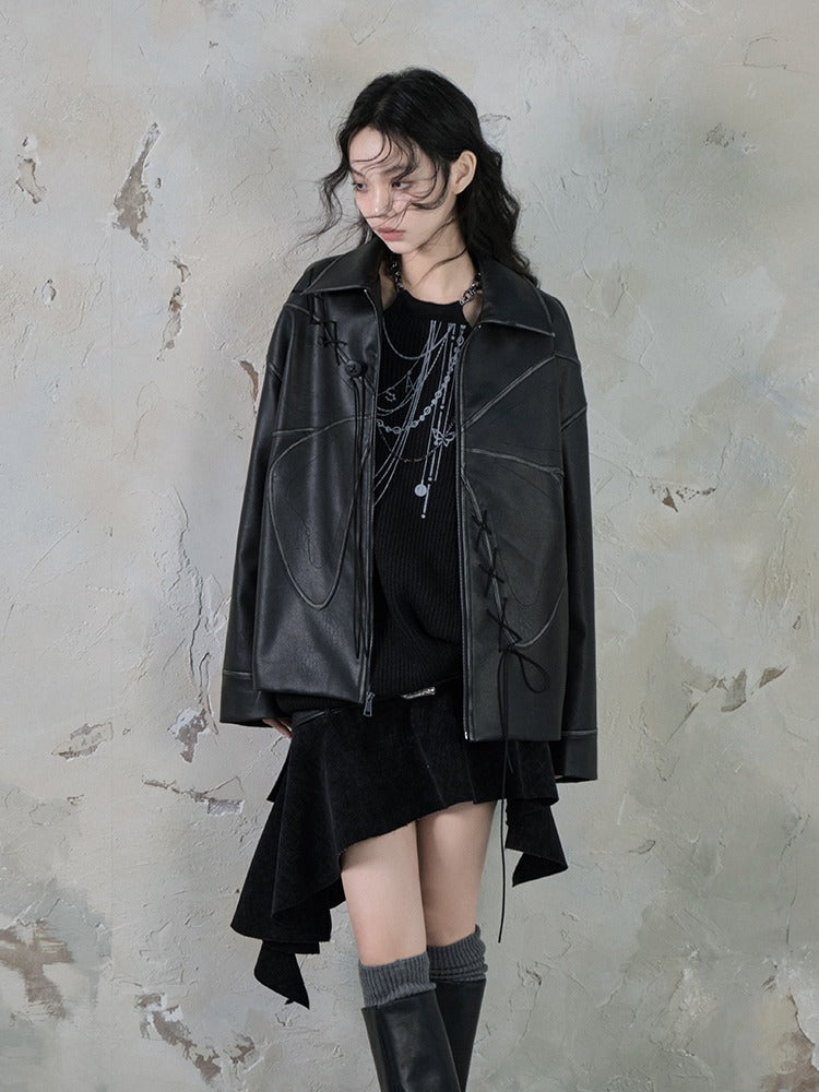 Butterfly PU Leather Loose Jacket &amp; Slit Maxi Skirt【s0000004388】