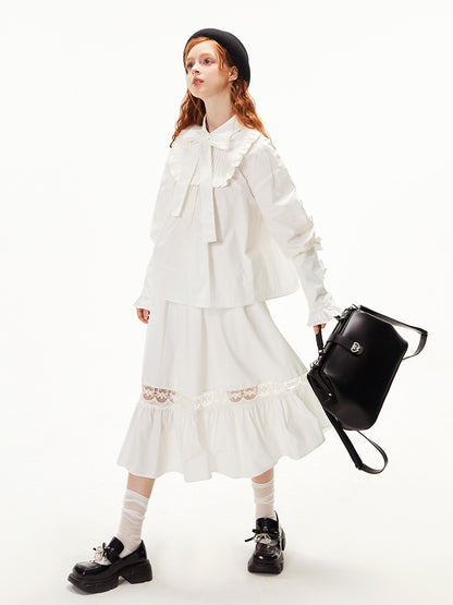 Ruffled Ribbon Shirt &amp; Splicing Lace Skirt【s0000003552】