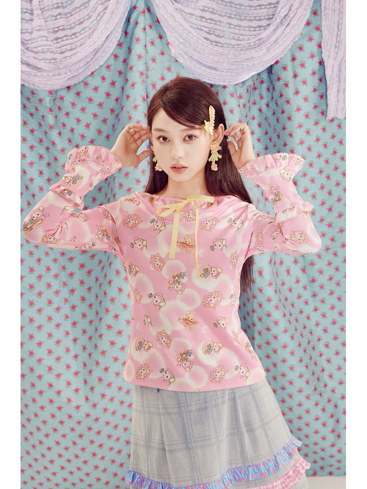 Shimizu Illustration Cute Bear Geometric Pattern Bell Sleeve Knit Tops【s0000003660】