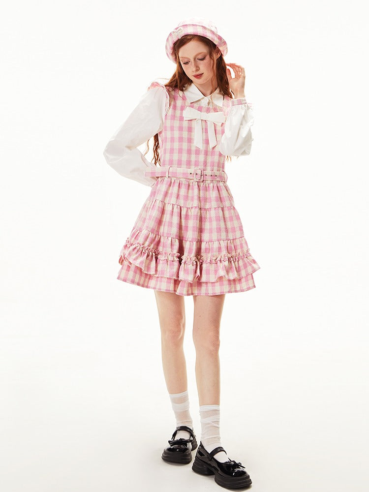 Gingham Check Ruffle Apron Dress &amp; Hat【s0000003541】