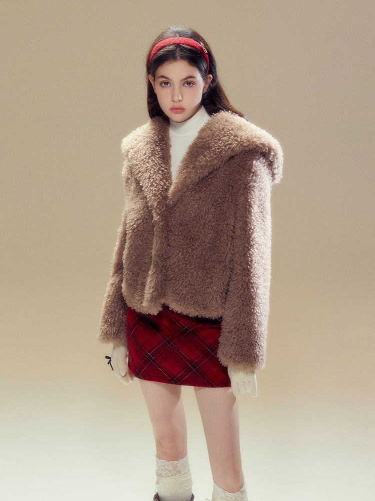 Sailor Collar Boa Coat &amp; Plaid Tight Mini Skirt【s0000004359】