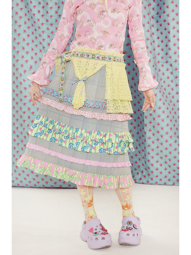 Shimizu Illustration Ribbon Lace Pleated Tiered Apron Skirt【s0000003652】