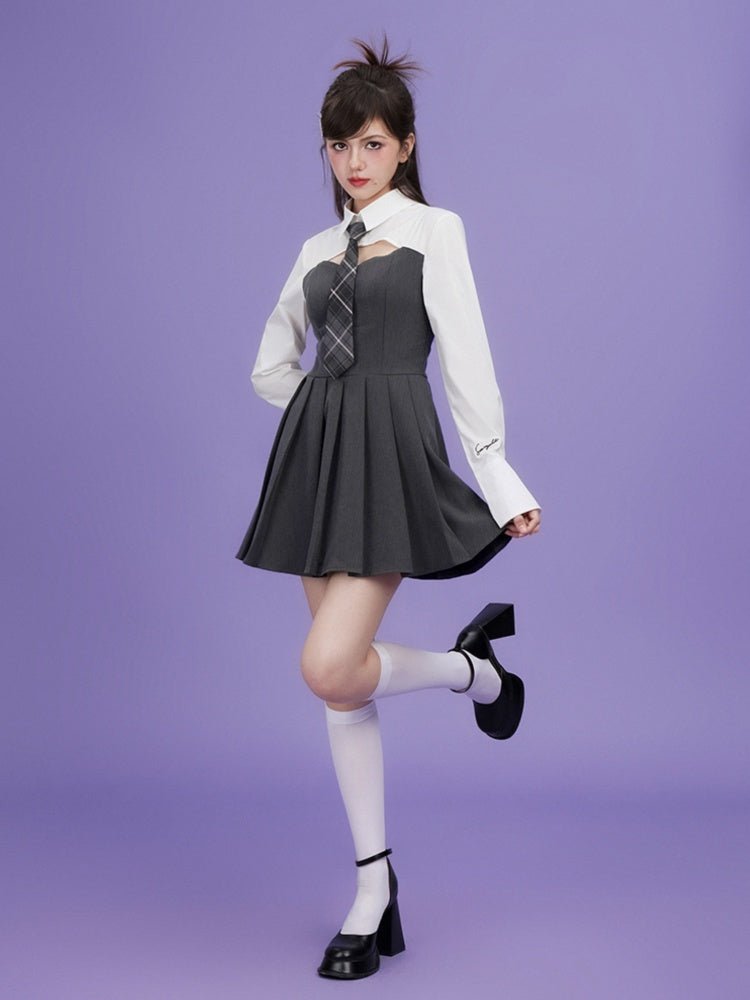 College Style Faux Two Piece Shirt Dress &amp; Tie【s0000003846】