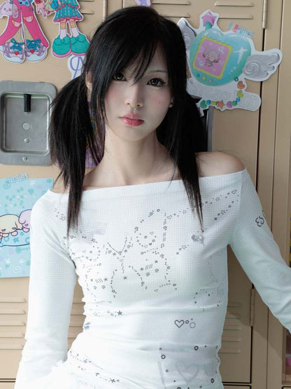 Y2K Sweet Spicy Butterfly Off Shoulder Long Sleeve Tee [S0000008548]