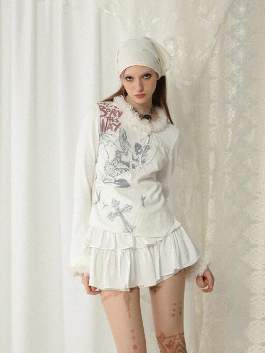 Hair collar trimmed with strap print long sleeve【s0000005738】