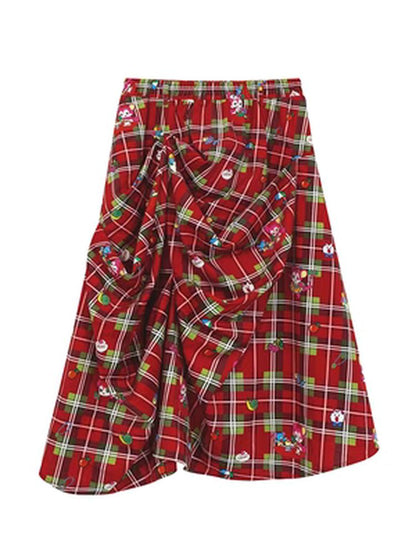 Red plaid Christmas pleated skirt【s0000005347】