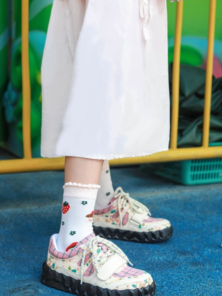 Flower and plaid platform shoes【s0000002115】