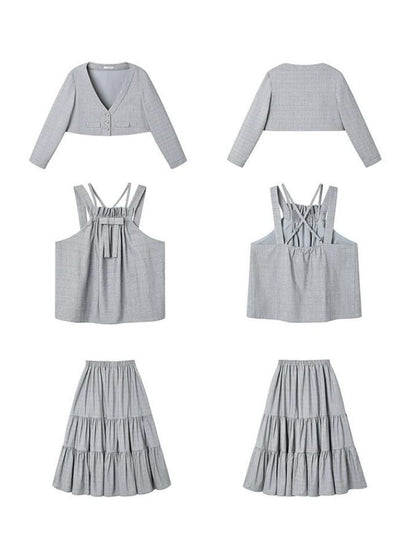 V-Neck Short Cardigan / Double Strap Tops / Pleated Cake Skirt【s0000003403】