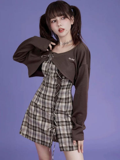 Brown lattice camisole cardigan two-piece set [s0000004428]