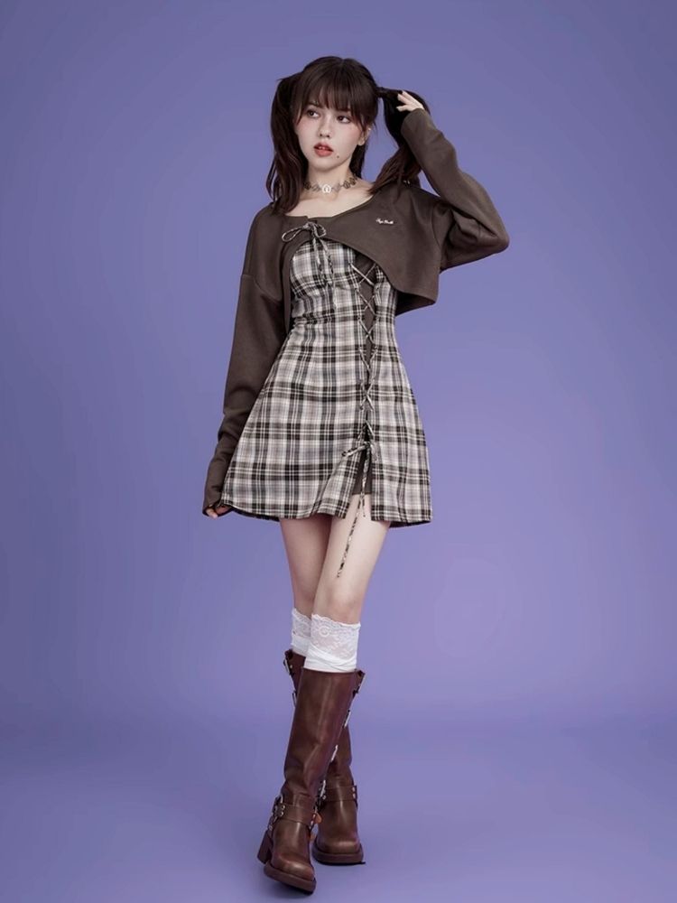 Brown lattice camisole cardigan two-piece set [s0000004428]