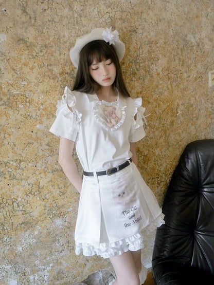 Cat print lace pleated short skirt【s0000002895】