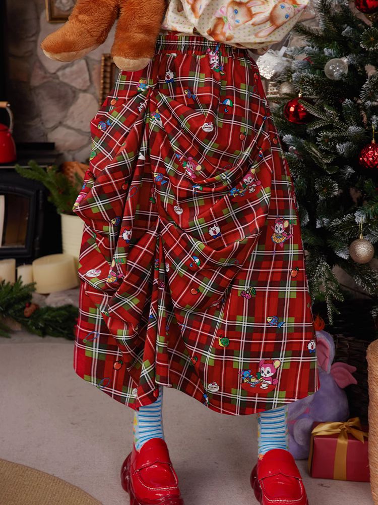 Red plaid Christmas pleated skirt【s0000005347】