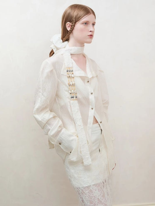 Sheer Flip Neck Slightly Waisted Mid-Length Shirt【s0000008199】