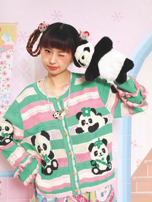 Panda print striped knit cardigan【s0000005368】