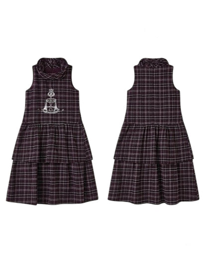 Plaid Embroidery Sleeveless Tiered Long Dress【s0000011898】