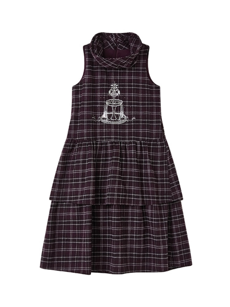 Plaid Embroidery Sleeveless Tiered Long Dress【s0000011898】